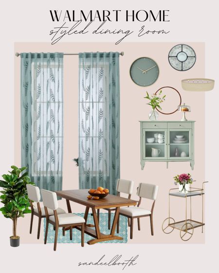 Walmart dining room decor! wood dining table - bar cart - fake plant - colorful rug - blue curtains 

#LTKHome
