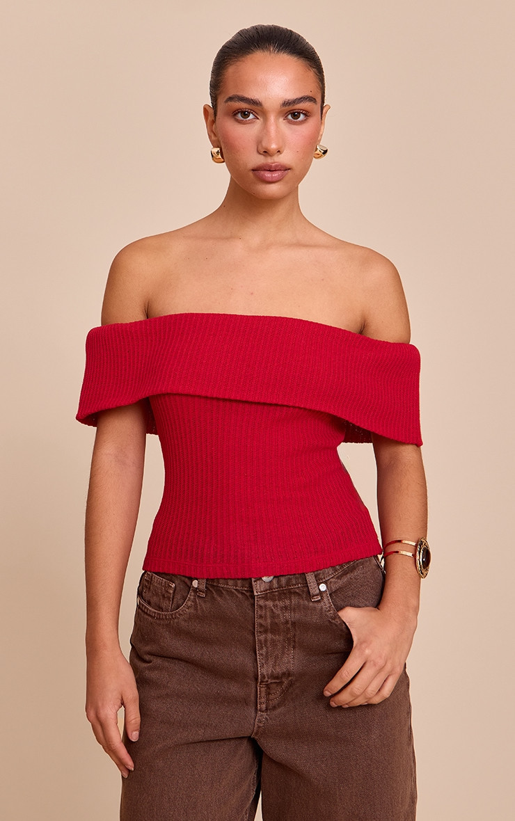 Red Textured Fold Over Detail Bardot Top | PrettyLittleThing US