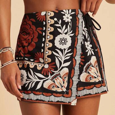 Boho Black Floral Summer Vacation Casual Holiday Beach Shorts Pants With Tie Waist & Ruffle Trim For Women,Tropical Ibiza Outfits,Western Style | SHEIN