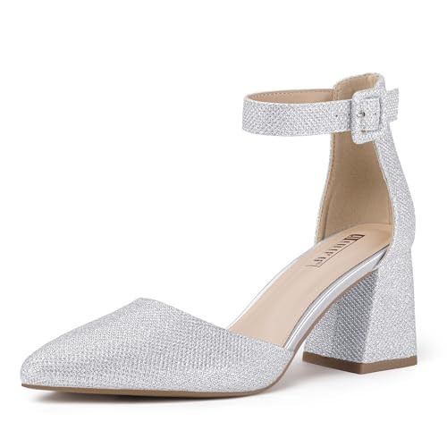 IDIFU Silver Heels Closed Toe Women's Pumps Chunky Block Low Glitter Sparkly Heels Wedding Prom Bridal Shoes for Women Dressy Comfortable Pointed Toe Small Short Thick Heels (Silver Glitter, 12) | Amazon (US)