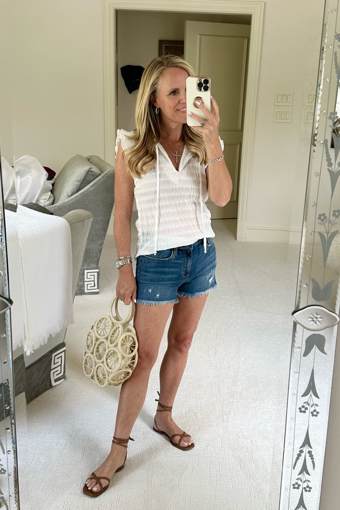 The perfect white shirt for Summer
Gauze like fabric white top with ruffle sleeve
Fit true to size 
The best denim shorts with a bit of stretch I’m wearing size small 


#LTKSeasonal #LTKstyletip #LTKunder100