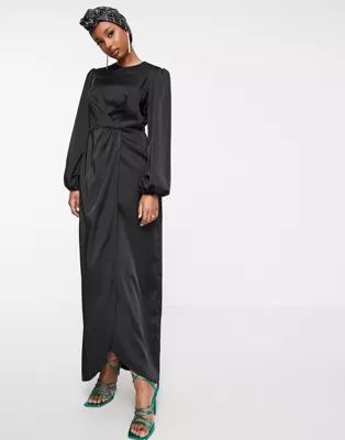 Flounce London wrap front maxi dress in black satin | ASOS (Global)