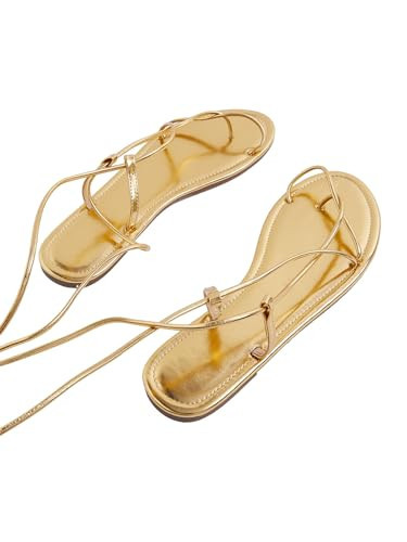 GORGLITTER Women's Gold Lace Up Sandals Strappy Open Toe Wrap dressy Summer Flat Sandals Gold 10.5 | Amazon (US)
