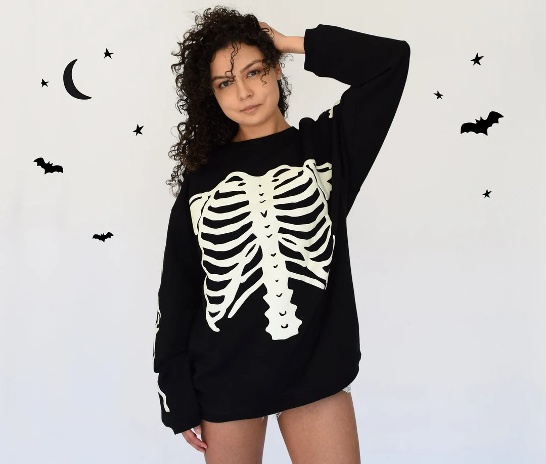 SALE Halloween Sweatshirt Skeleton Sweatshirt Glow in the Dark Puff Print on Front and Back Overs... | Etsy (US)