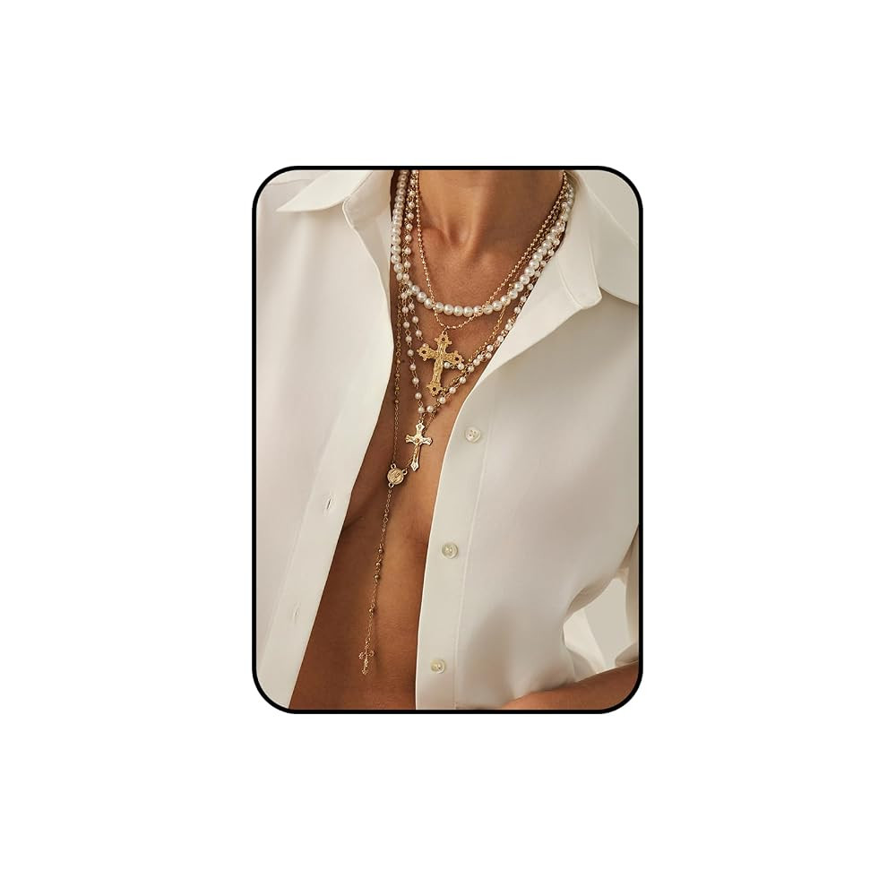 Silver Layered Cross Necklace Set For Women, 4Pcs Silver Chain Pearl Cross Choker Chunky Pendant ... | Amazon (US)