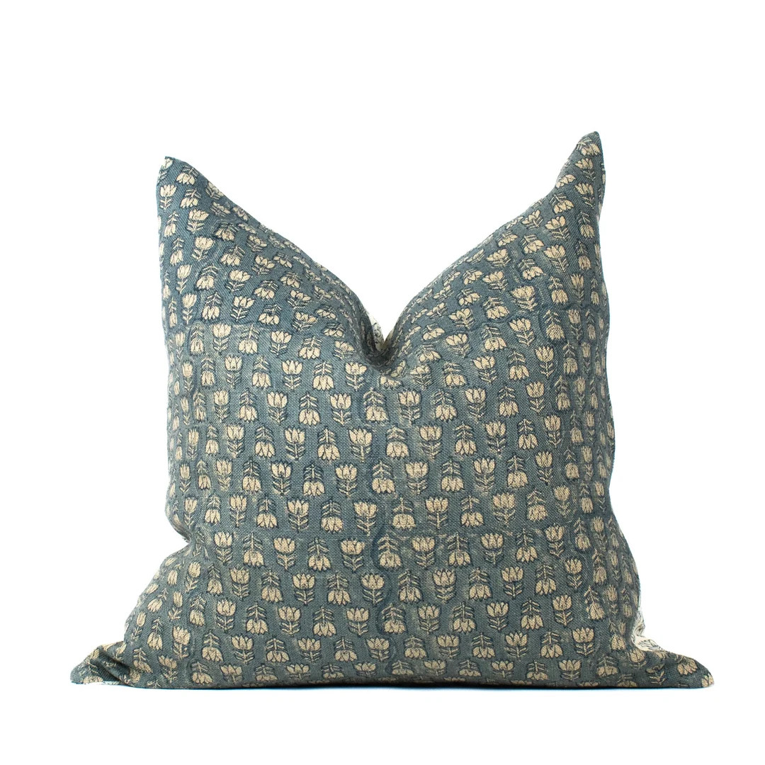 TARA - TEAL - Two sided, Linen & Cotton, hand block printed designer Throw Pillow Cover | Etsy (US)