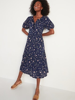 Waist-Defined Floral-Print Midi Dress for Women | Old Navy (US)