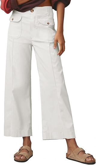 Cicy Bell Womens Cropped Wide Leg Pants Baggy High Waisted Straight Summer Casual Pants with Vert... | Amazon (US)