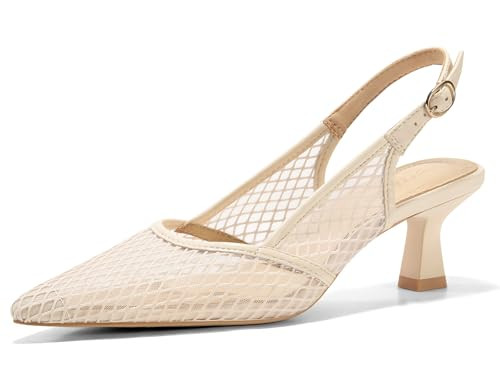 Coutgo Women's Slingback Kitten Low Heels Mesh Pumps Closed Pointed Toe Wedding Work Dress Shoes, Beige, Size 7.5 | Amazon (US)