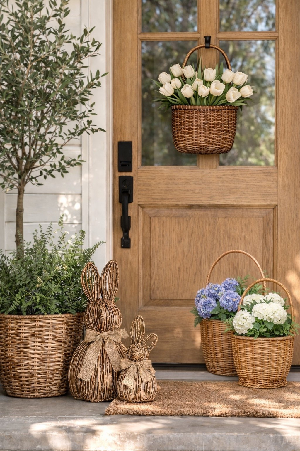 Easter front porch ideas, rattan basket, rattan bunny 