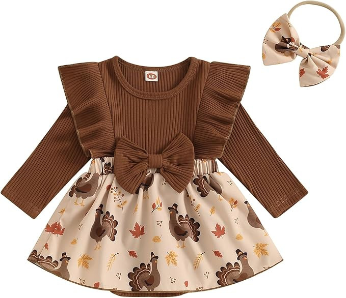 MoZiKQin Baby Girl Thanksgiving Outfit Newborn Romper Dress Ribbed Ruffle Skirt Hem Jumpsuit Cute... | Amazon (US)