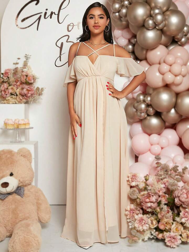 SHEIN Maternity Cold Shoulder Ruffle Trim Chiffon Dress | SHEIN