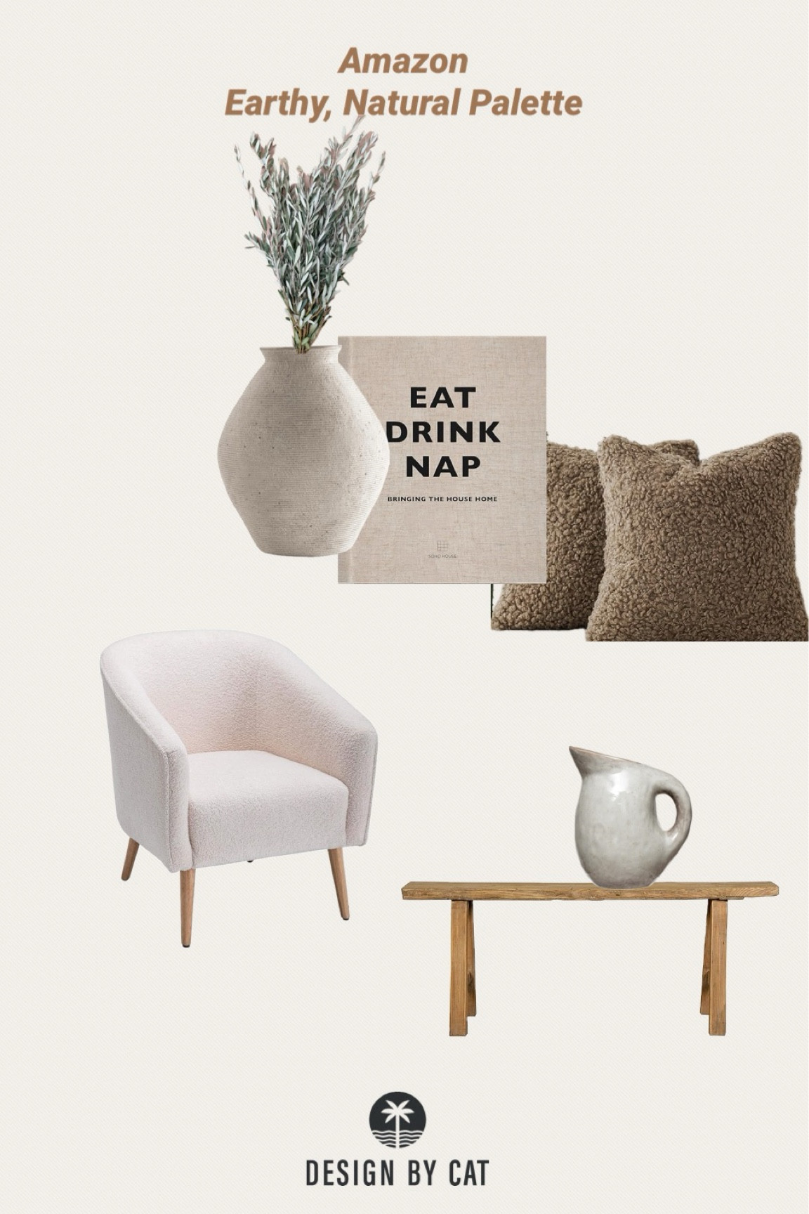 Earthy, Organic, Neutral Amazon Home Decor
Fuzzy teddy bear brown Sherpa style accent pillows
Long, skinny, narrow rustic bench
Neutral coffee table book
Sherpa style barrel accent chair
Neutral, organic, modern textured vase
Earthenware style pitcher

#LTKhome