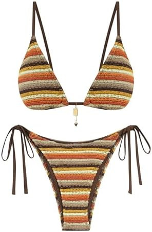 ZAFUL Crochet Bikini Sets for Women Cheeky Boho Bathing Suits Striped Brazilian High Cut Thong Bi... | Amazon (US)