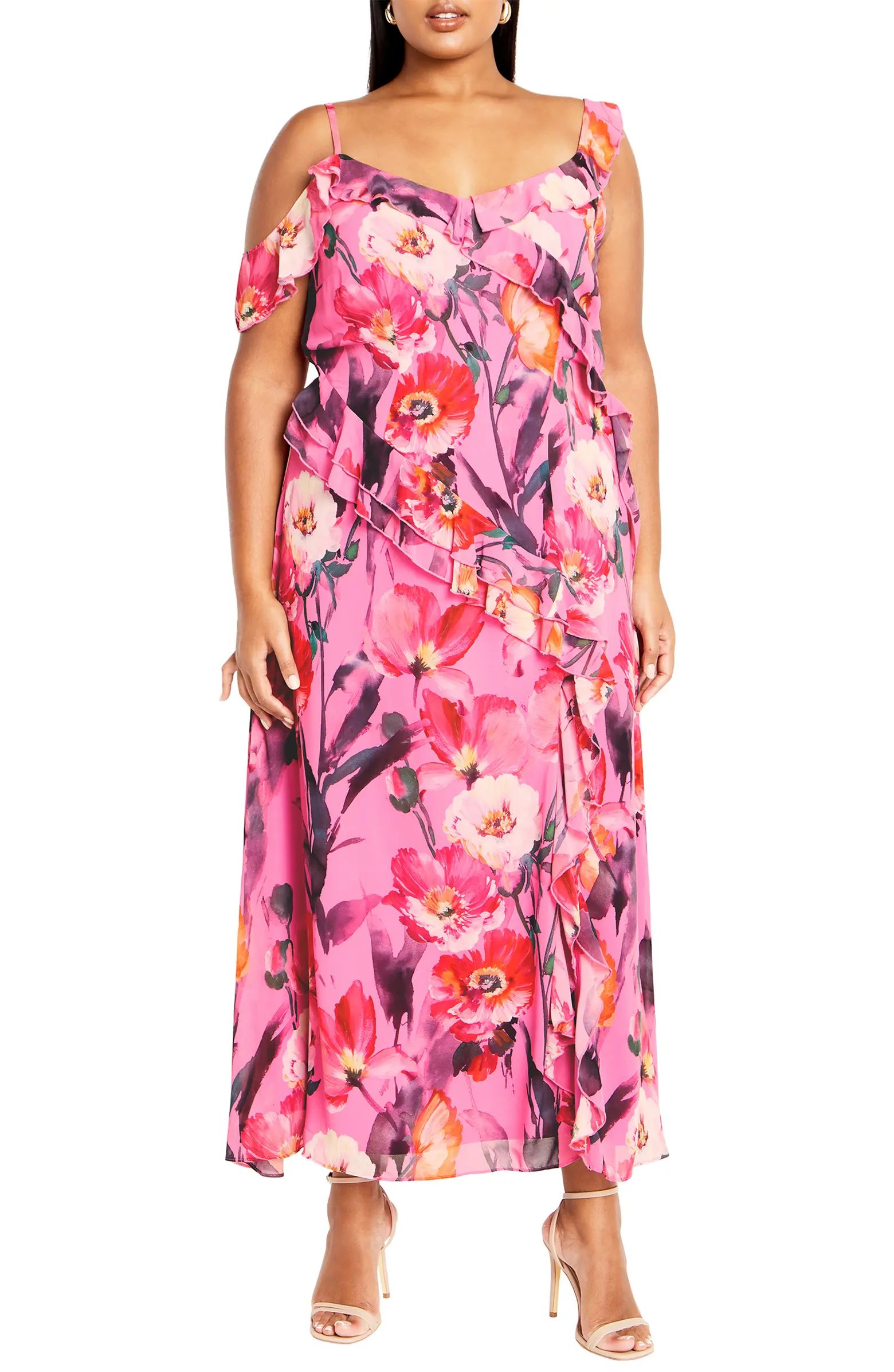 City Chic Love Floral Ruffle Cold Shoulder Maxi Dress | Nordstrom | Nordstrom