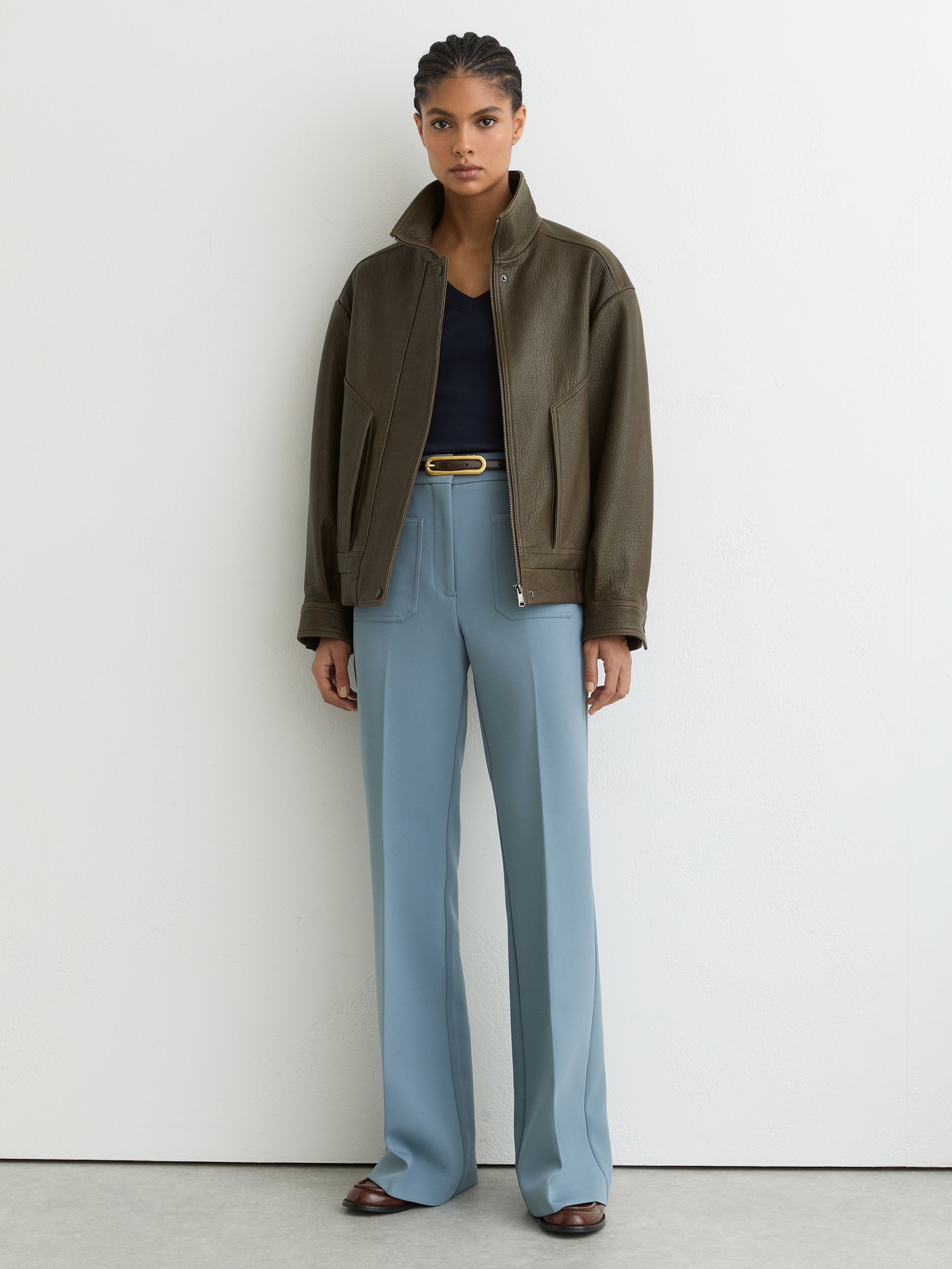 Reiss Oversize Grained-Leather Bomber Jacket in Khaki Green | REISS | Reiss US