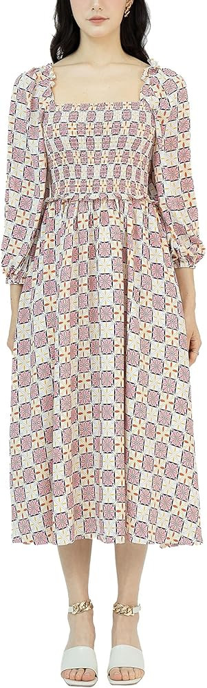 Womens 2024 Midi Dresses Smocked Long Sleeve Elastic Cuffs Square Neck Casual Beach Wear Work Off... | Amazon (US)