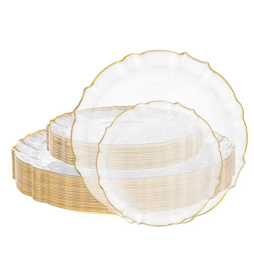 bUCLA 40PCS Clear and Gold Plastic Plates - Fancy Lace-Edge Clear Plates with Gold Trim Hammered Disposable - Include 20 Each(Dinner&Dessert) for Party & Wedding | Amazon (US)