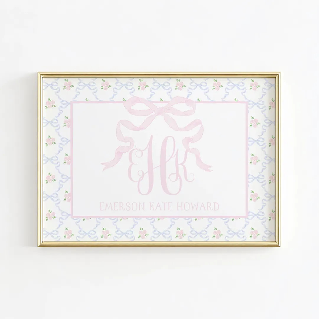 Monogram Nursery Wall Art, Grandmillennial Nursery, Pink Bow Print, Girl Nursery Prints, Baby Nam... | Etsy (US)