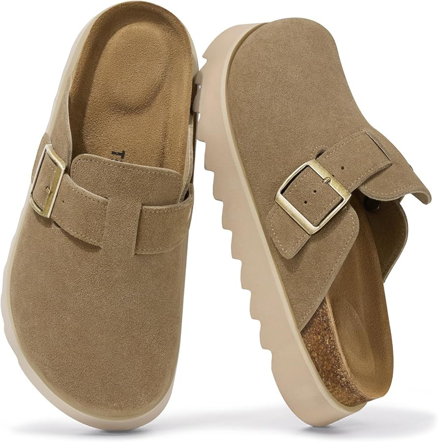 TEMOFON Women's Platform Clogs Shoes: Genuine Leather Slip on Mules Comfortable Cork Footbed Closed Toe Sandals Shoes | Amazon (US)