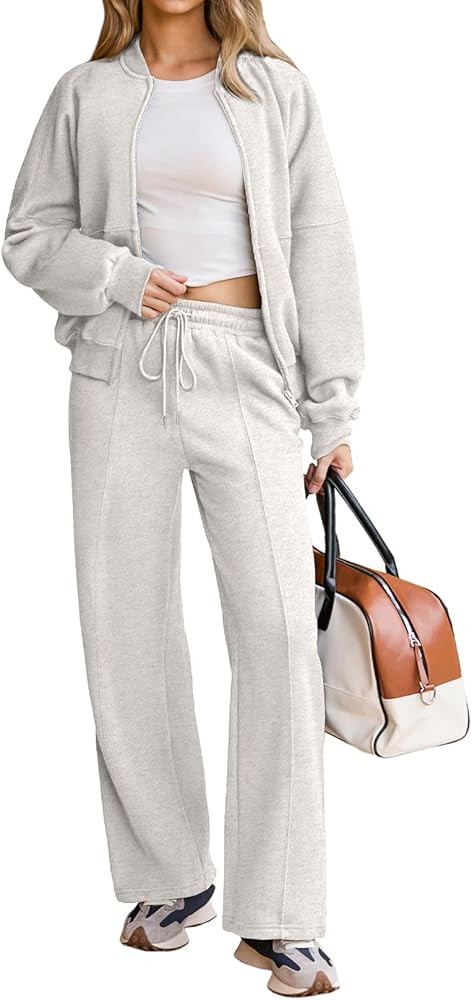 Aleumdr Women's 2 Piece Outfits Oversized Fleece Sweatsuit Zip Up Long Sleeve Sweatshirt with Wid... | Amazon (US)