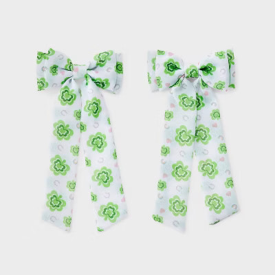St. Patrick's Day Clover Print Hair Bow Clip Set 2pc - White/Green | Target