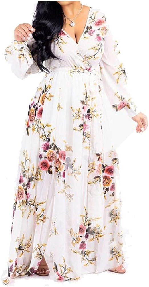 lvenzse Womens Maxi Dress Boho Chiffon Floral Printed V-Neck Long Dresses (S-5XL) | Amazon (US)