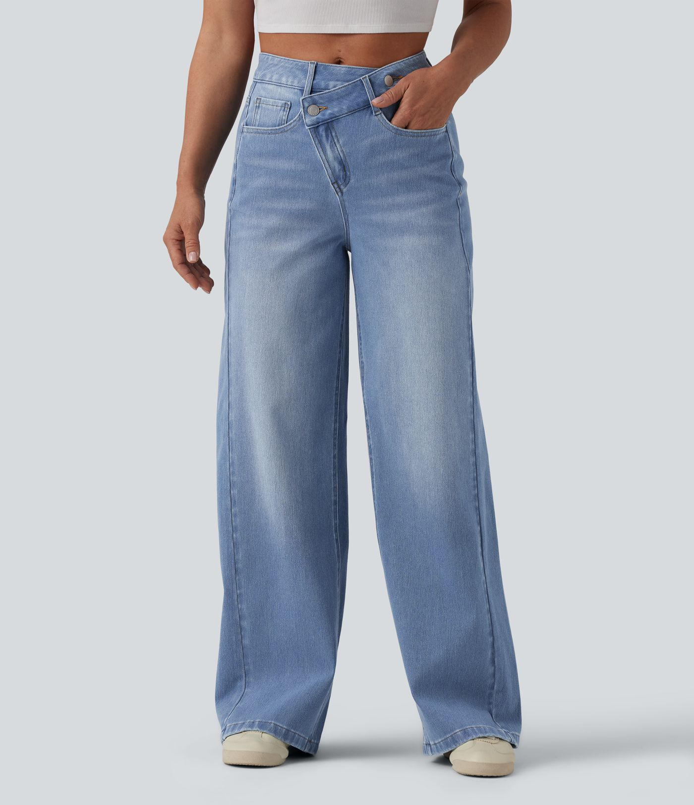 Halara Flex™ Asymmetric High Waisted Washed Casual Baggy Jeans with Pockets | HALARA