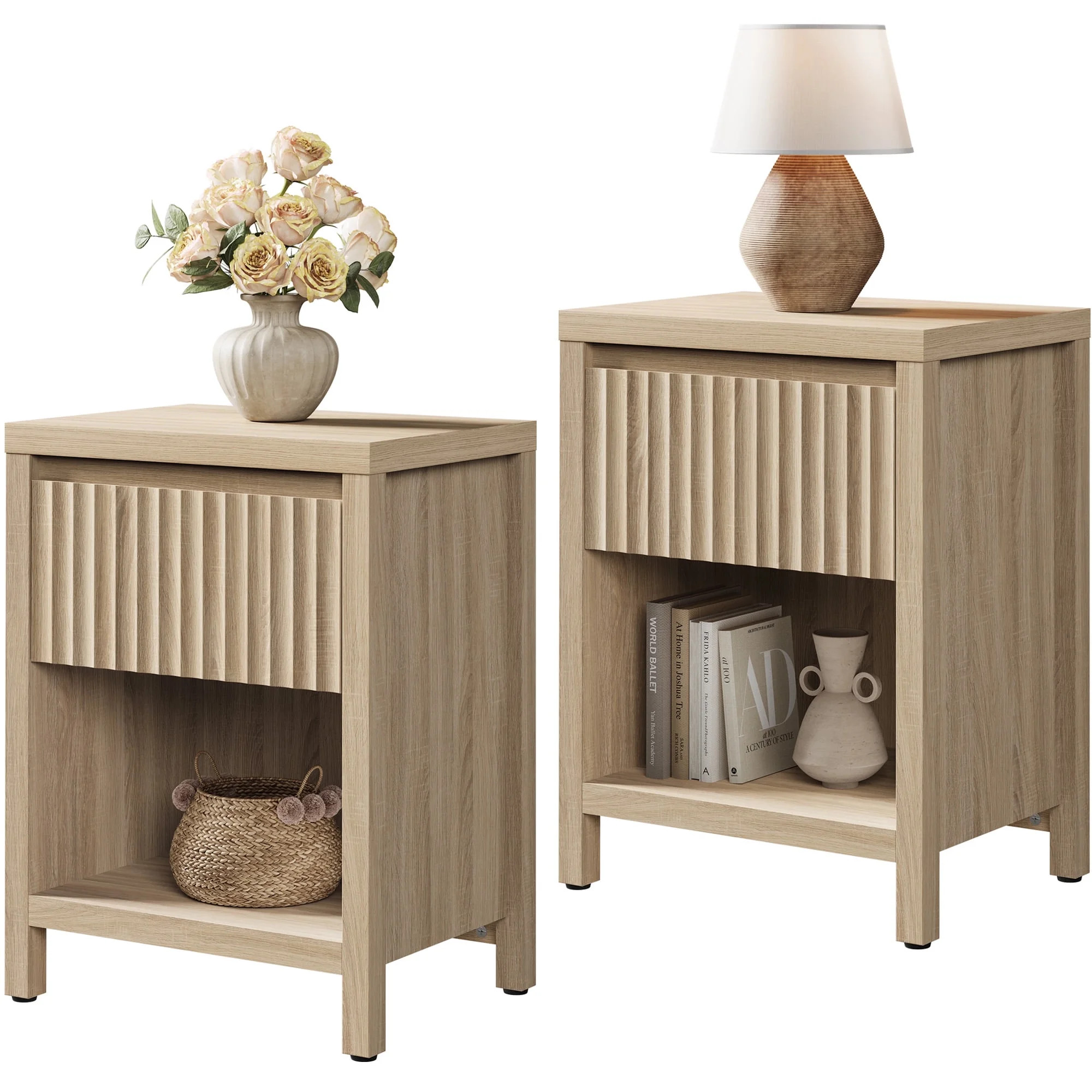 SICOTAS 26" Tall Farmhouse Nightstand Set of 2 with Drawer, Modern Beside Table with Minimalist F... | Walmart (US)