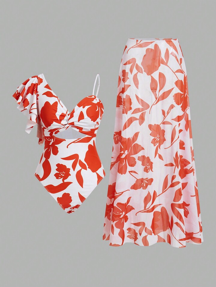 Swim Oasis 1pc Women's Plant Print Asymmetric Neckline Cutout Waist One-Piece Swimsuit With Match... | SHEIN