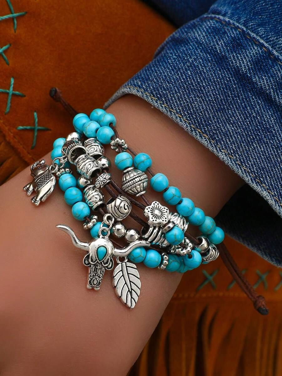 1pc Western Cowgirl Style Turquoise Bull Head & Elephant Beaded Fashion Bracelet, Suitable For Wo... | SHEIN