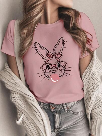 SHEIN Qutie Rabbit Cartoon Print Round Neck Short Sleeve T-Shirt, Suitable For Easter And Casual ... | SHEIN