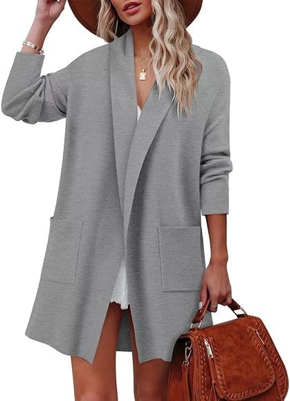 ZOLUCKY Womens Open Front Knit Cardigan Long Sleeve Lapel Coat Casual Solid Classy Sweater Jacket | Amazon (US)
