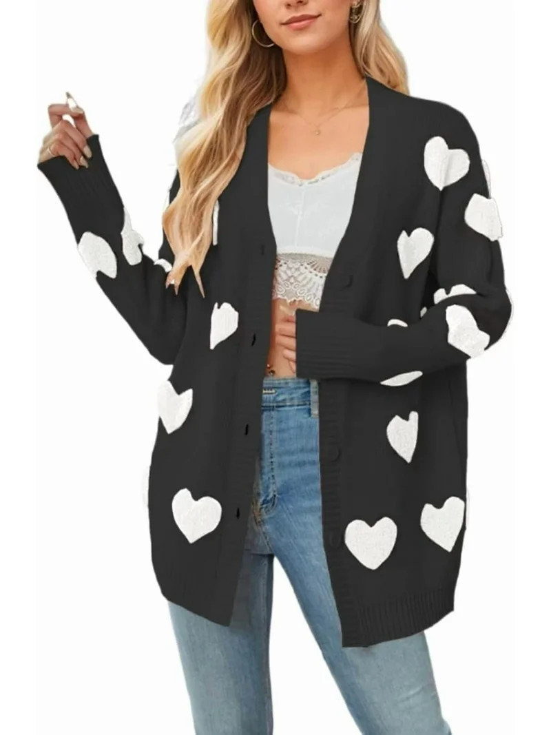 Women Love Heart Graphic Oversized Sweaters Valentine Cute Cardigan V-neck Open Front Button  Mid... | Walmart (US)