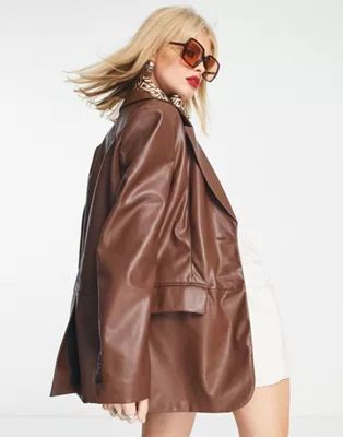 Bershka oversized faux leather blazer in brown | ASOS (Global)