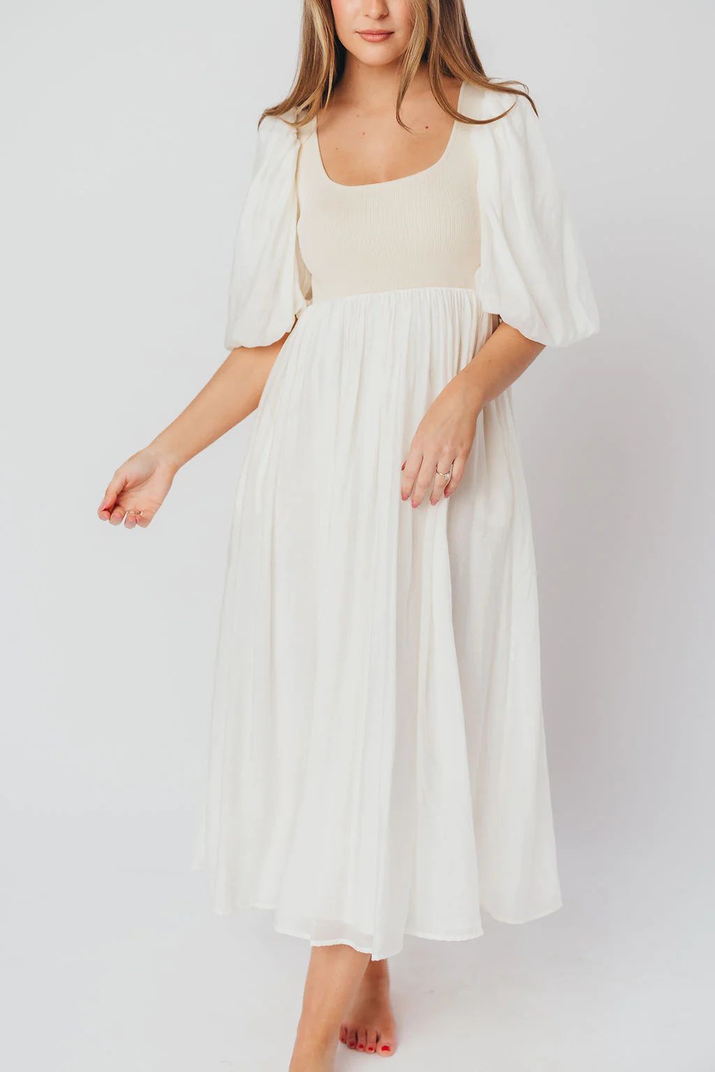 Raina Combination Midi Dress with Puff Sleeves in Natural - Bump Frien | Worth Collective