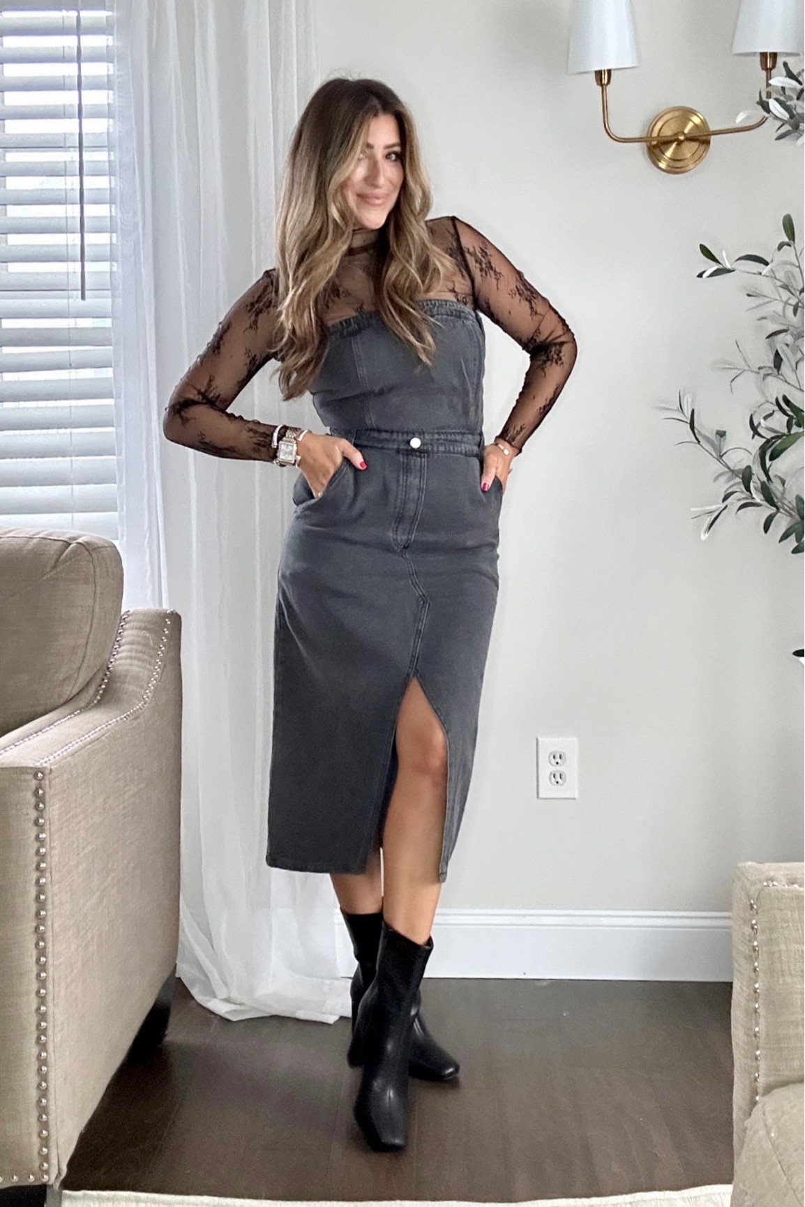 Styling this viral Amazon lace top with a sleeveless black denim midi dress and boots. Great outfit going into Spring from winter. Wearing tts meds. But recommend sizing up in dress as waist was a little tight!

Tap photos to shop! Xx

#LTKstyletip #LTKtravel #LTKSeasonal