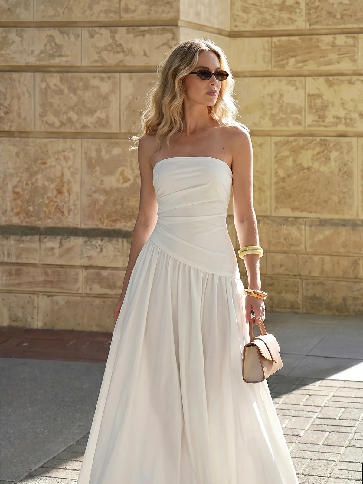 Strapless Ruched Flowy Maxi Dress | Commense