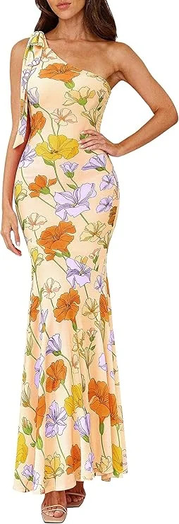 PRETTYGARDEN Womens Summer One Shoulder Maxi Dress Floral Sleeveless Bodycon Mesh Long Formal Wed... | Walmart (US)