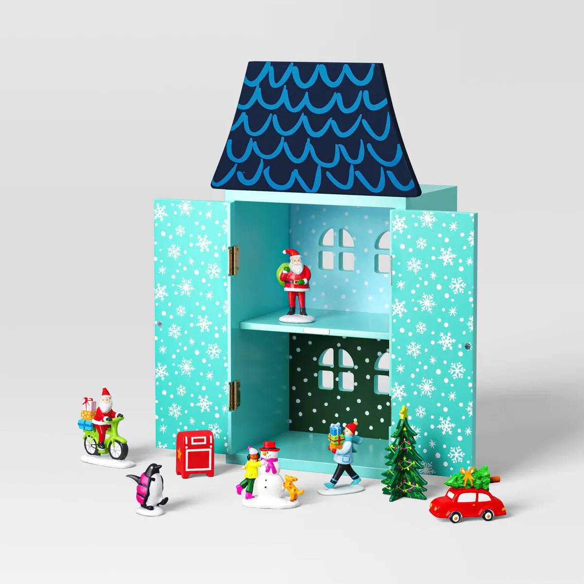 9pc Wood House with Santa and Friends Christmas Figurine Set - Wondershop™ Blue | Target
