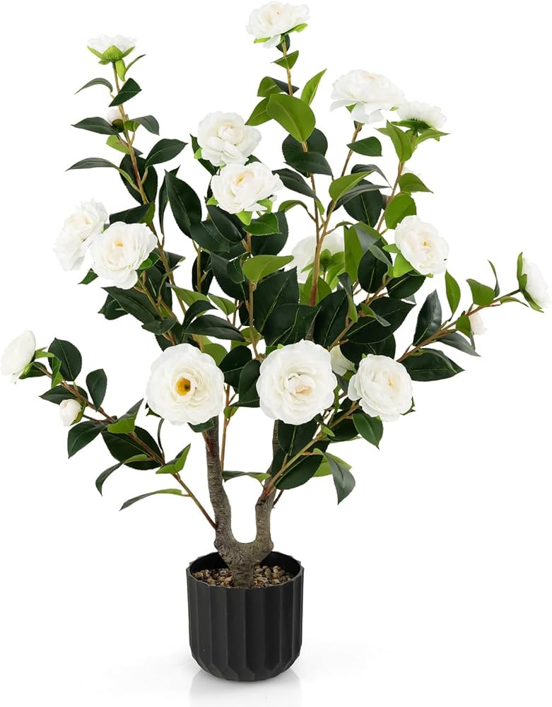 Artificial Camellia Tree, 38” Tall Potted Plant Artificial Decoration w/Cement Pot, 24 Flowers,... | Amazon (US)