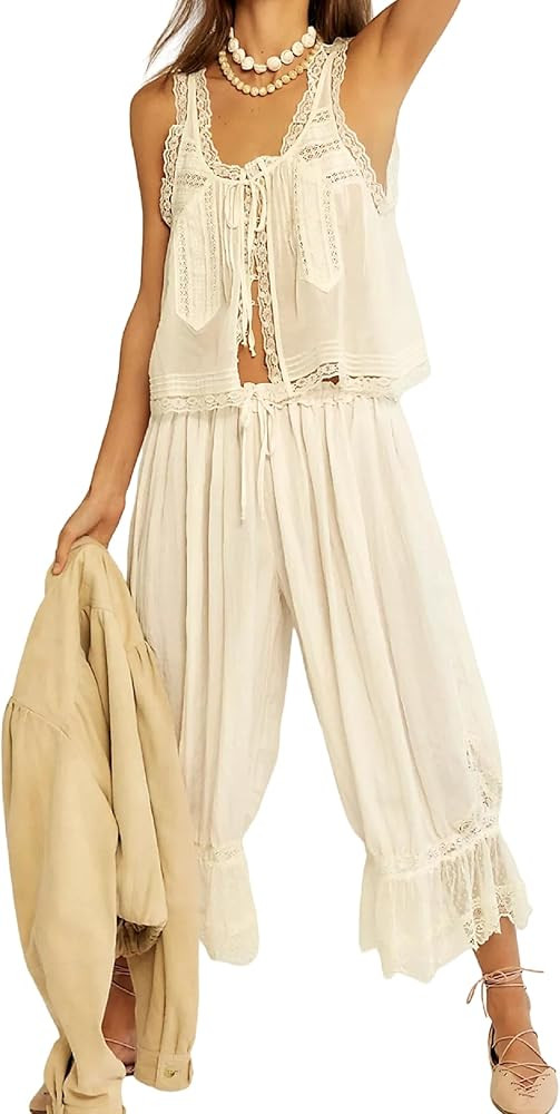Conjunto de pijama de encaje bohemio para mujer, con lazo frontal y botones y pantalones recortad... | Amazon (US)
