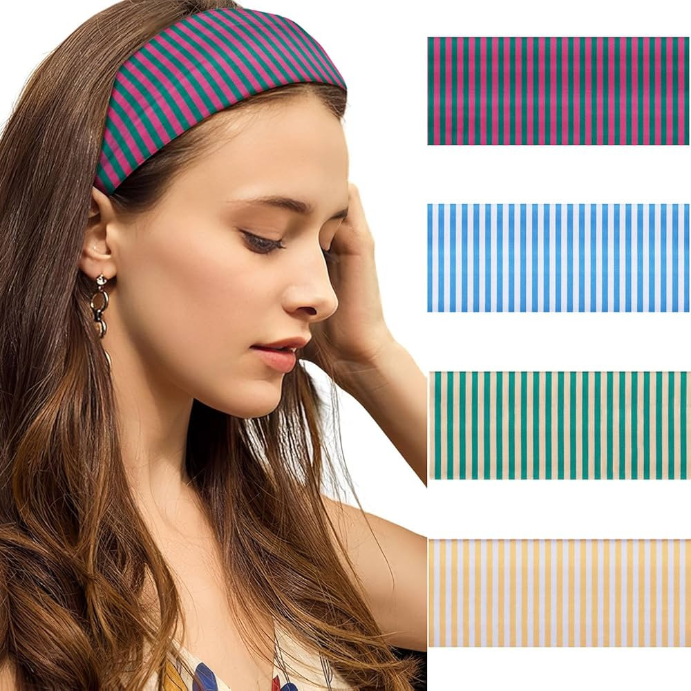 4pcs Headbands for Women Stripedr Non Slip Wraps Elastic Stretchy Fashion Bandanas Workout Yoga R... | Amazon (US)