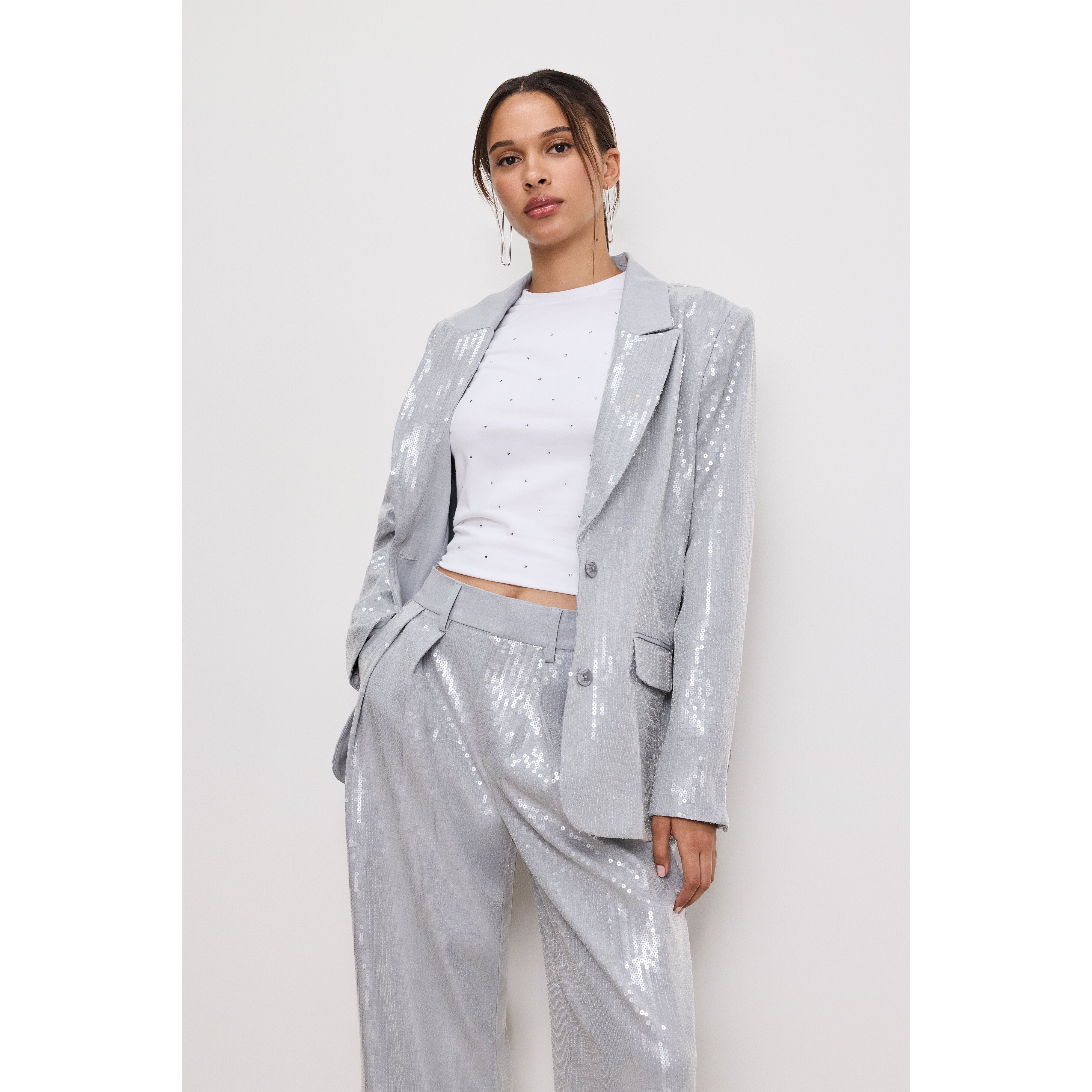 Women's Sequin OverSized Blazer | Heather Grey, Size Small | Good American by Khlo� Kardashian | Good American