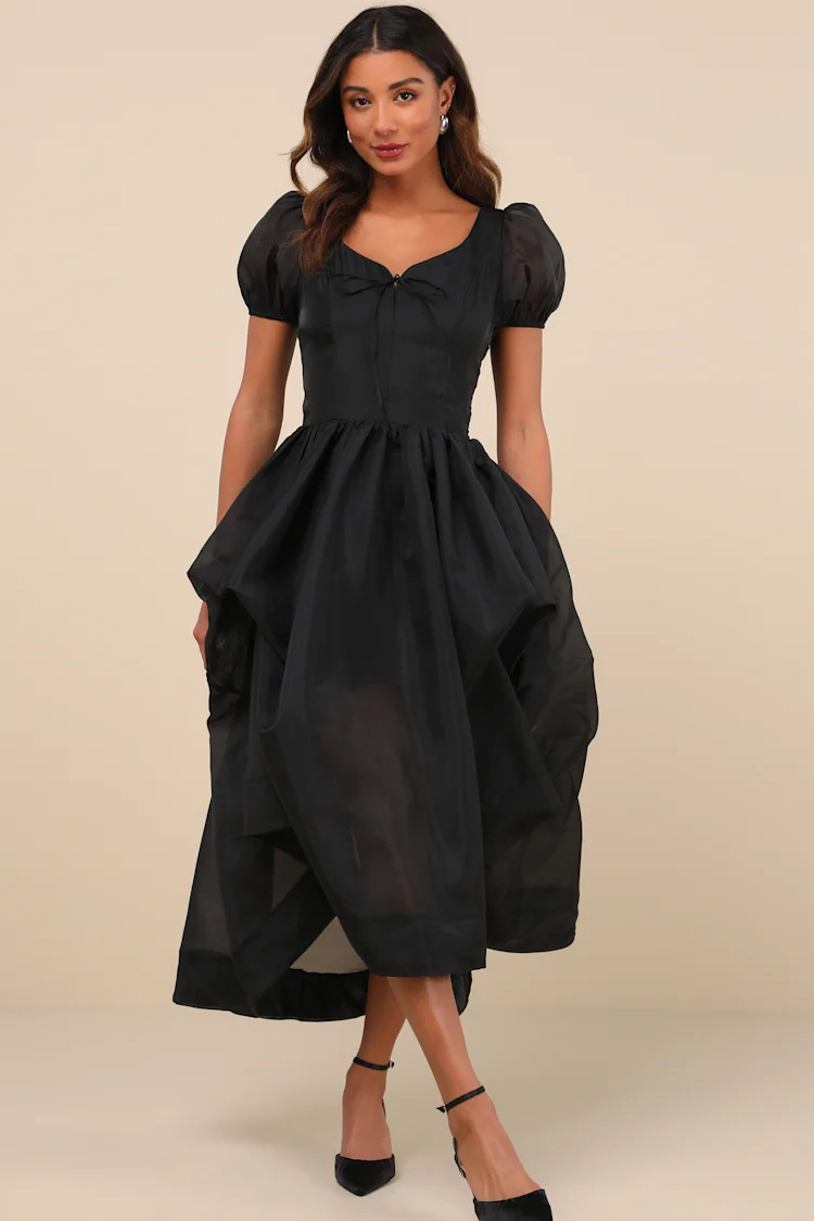 Delightfully Chic Black Organza Puff Sleeve Midi Dress | Lulus