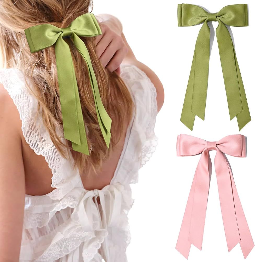 2PCS Silky Satin Hair Bows Hair Clip Pink Green Hair Ribbon Ponytail Holder Accessories Slides Me... | Amazon (US)