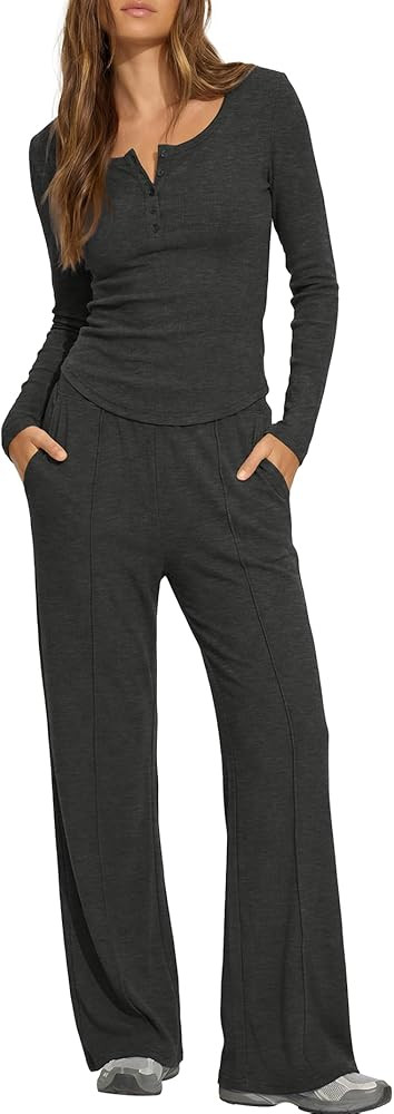 Darong Womens 2 Piece Matching Lounge Sets 2026 Long Sleeve Henley Shirts Wide Leg Pants Airport ... | Amazon (US)