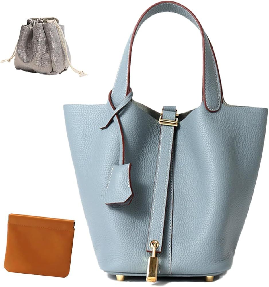 Genuine Leather Lock Design Bucket Bag Vegetable Basket, Fashionable and Versatile Shoulder Handb... | Amazon (US)