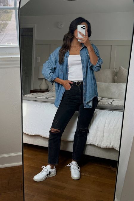 Februweary 16 #ootd - an oversize denim shirt is a closet staple! Paired it with my fave ankle straight denim from Abercrombie (24) and my v-10 Vejas! 

#LTKfindsunder50 #LTKstyletip #LTKover40