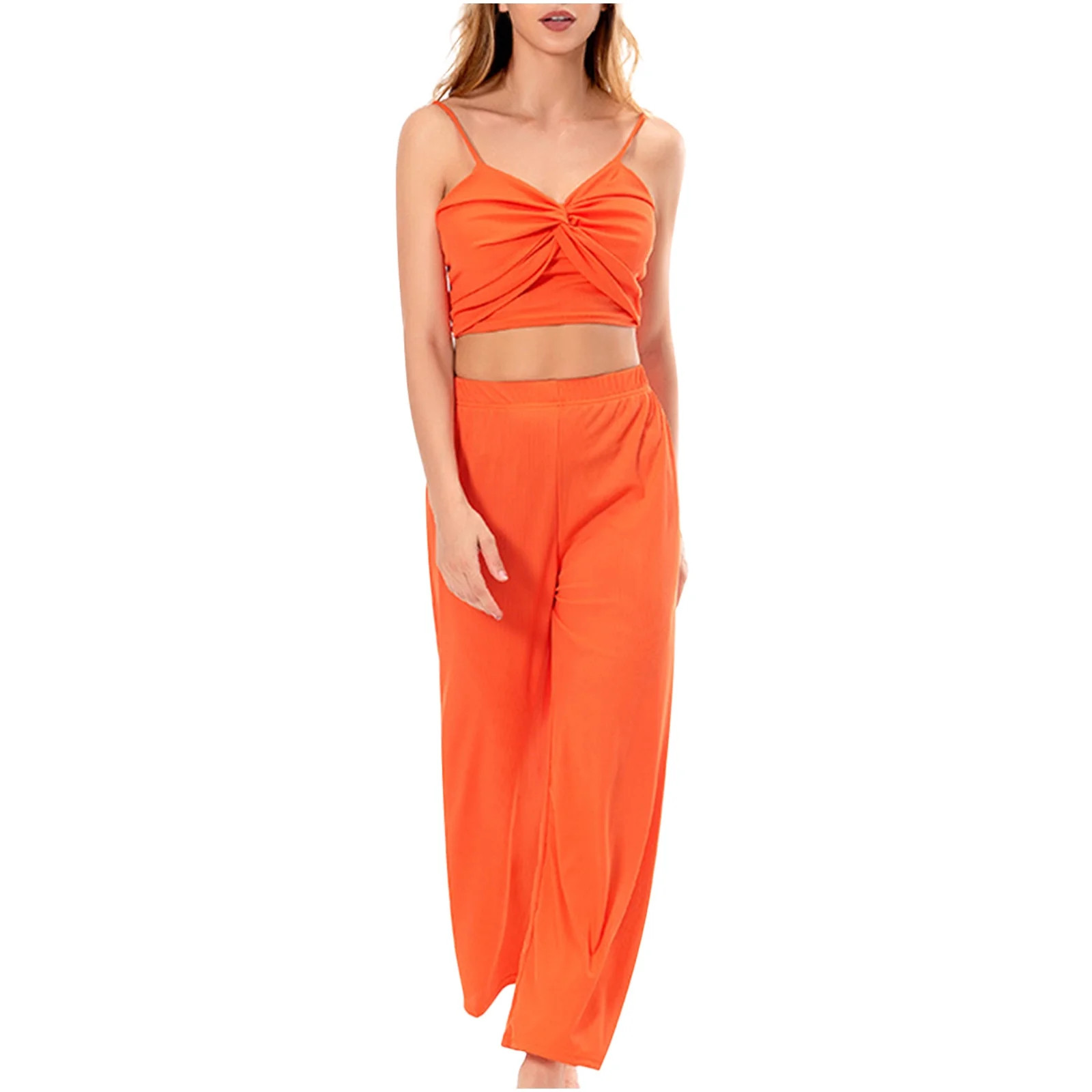Women's Summer Sexy 2 Piece Outfits V Neck Twist Front Crop Cami Top High Waist Wide Leg Pants Se... | Walmart (US)